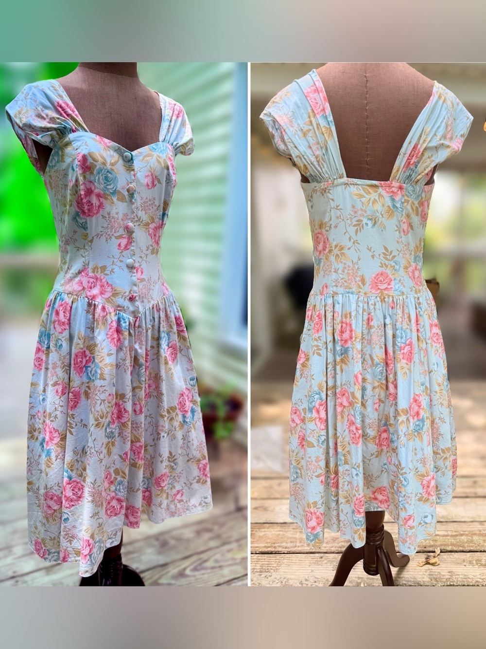 Floral Sweetheart Neckline Cotton Picnic Dress Buttoned Bodice Vintage Cyprus - Picture 10 of 10